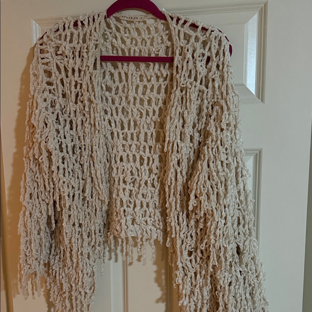 Chunky Open Knit Fringe Cardigan in Cream